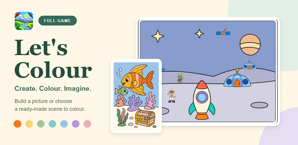 Let's Colour: a rocket landing on the moon and a fish by a treasure chest, ready to colour in