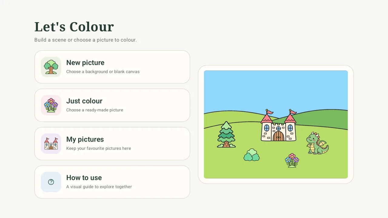 The Let's Colour home screen with Create and Just colour